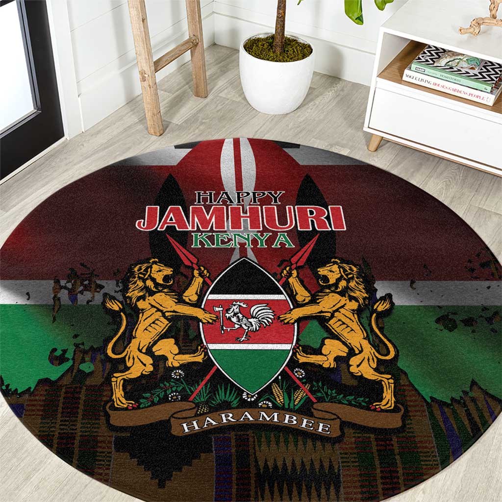 Happy Kenya Independence Day Round Carpet Coat Of Arms With Kente Pattern - Wonder Print Shop