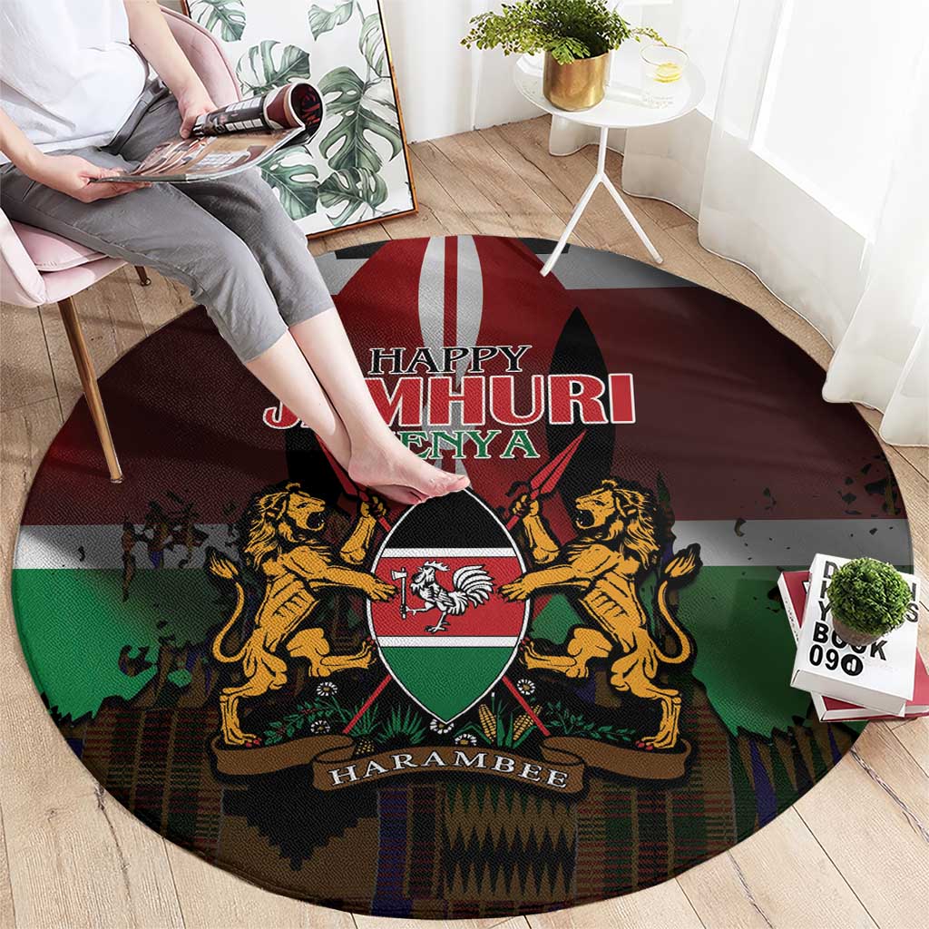 Happy Kenya Independence Day Round Carpet Coat Of Arms With Kente Pattern - Wonder Print Shop