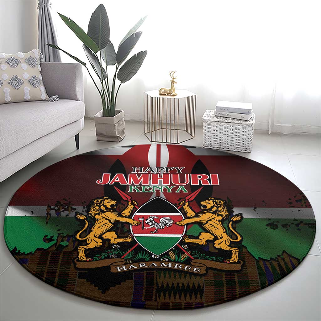 Happy Kenya Independence Day Round Carpet Coat Of Arms With Kente Pattern - Wonder Print Shop