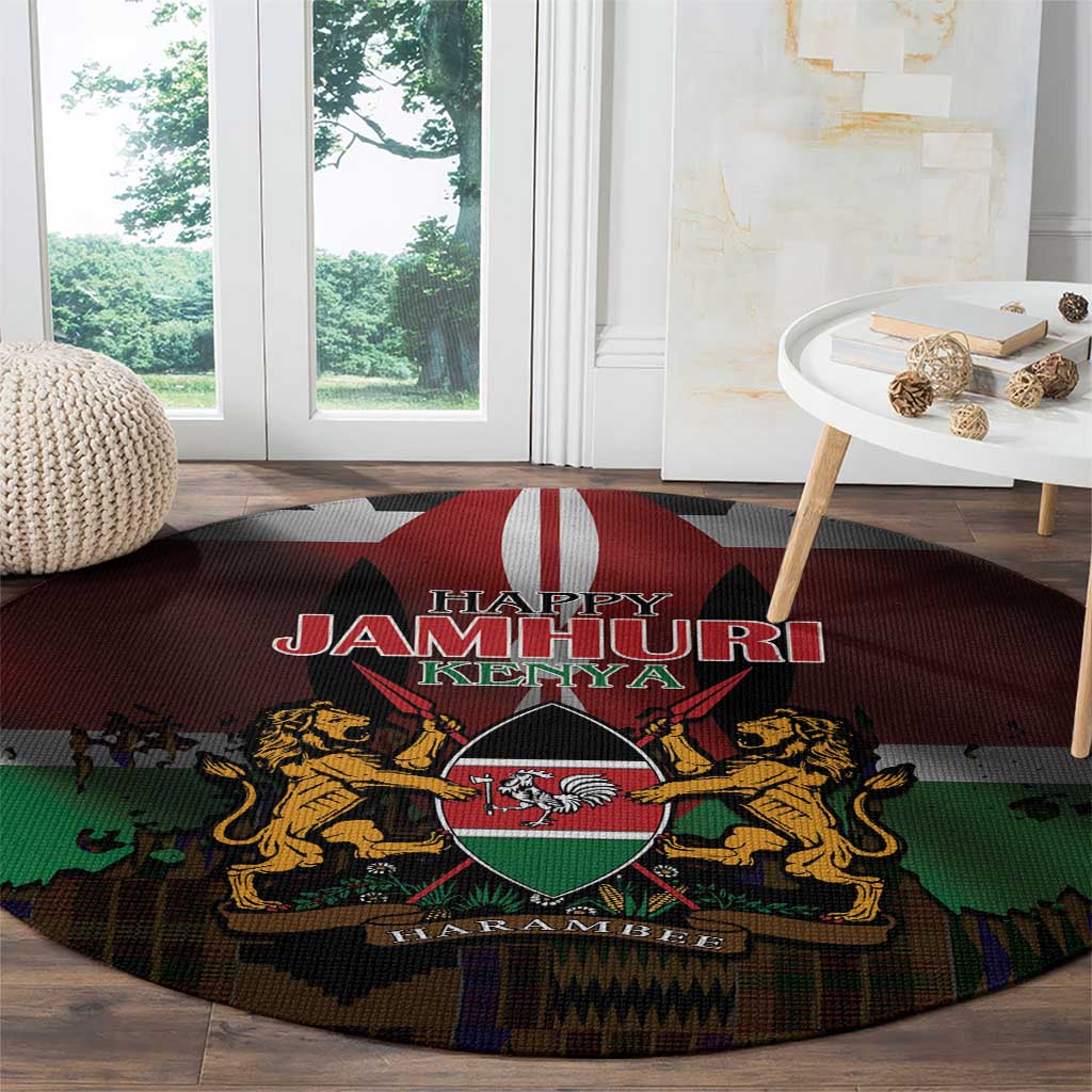 Happy Kenya Independence Day Round Carpet Coat Of Arms With Kente Pattern - Wonder Print Shop