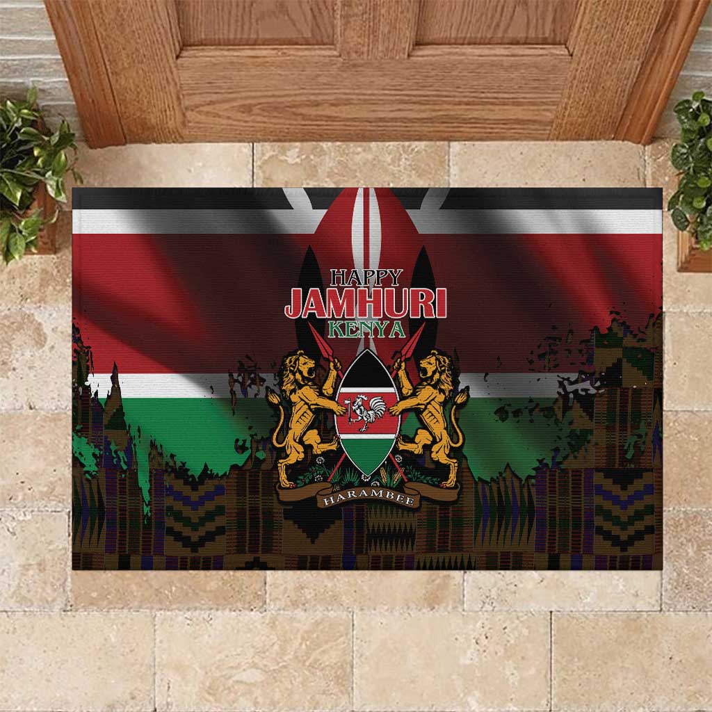 Happy Kenya Independence Day Rubber Doormat Coat Of Arms With Kente Pattern - Wonder Print Shop