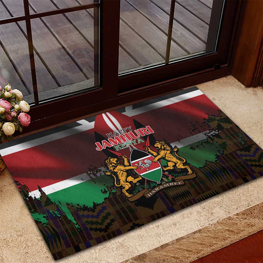Happy Kenya Independence Day Rubber Doormat Coat Of Arms With Kente Pattern - Wonder Print Shop