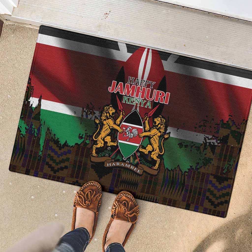 Happy Kenya Independence Day Rubber Doormat Coat Of Arms With Kente Pattern - Wonder Print Shop