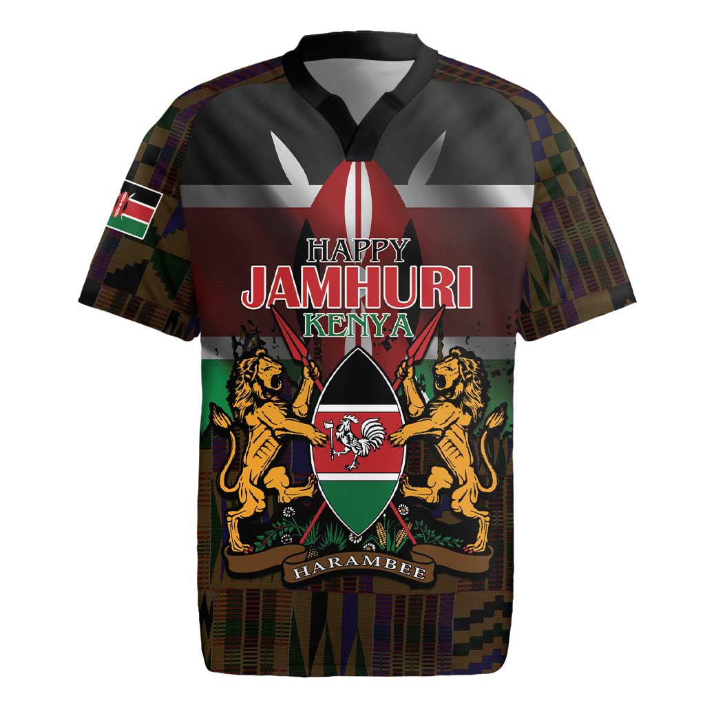 Happy Kenya Independence Day Rugby Jersey Coat Of Arms With Kente Pattern - Wonder Print Shop
