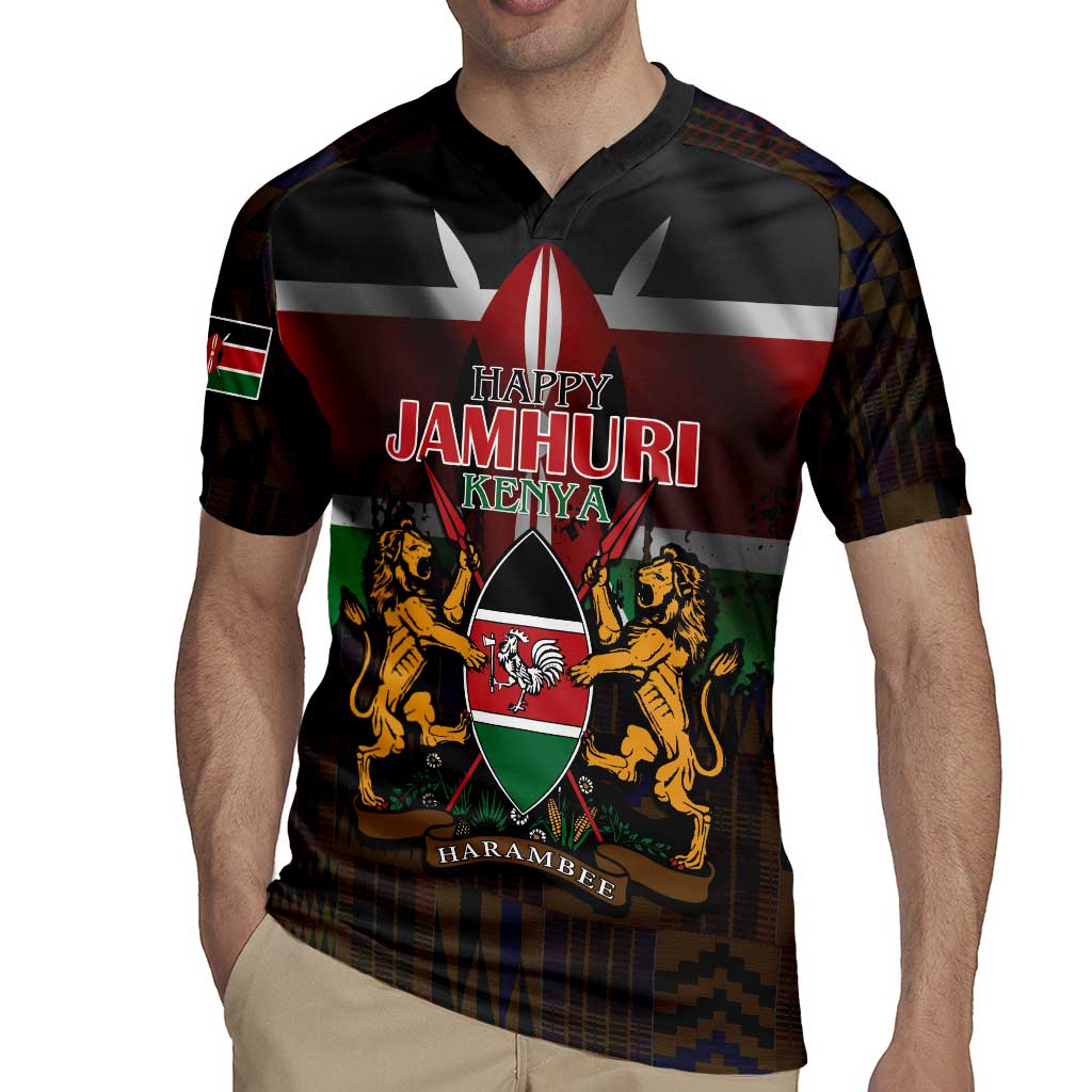 Happy Kenya Independence Day Rugby Jersey Coat Of Arms With Kente Pattern - Wonder Print Shop