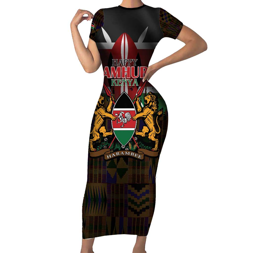 Happy Kenya Independence Day Short Sleeve Bodycon Dress Coat Of Arms With Kente Pattern - Wonder Print Shop