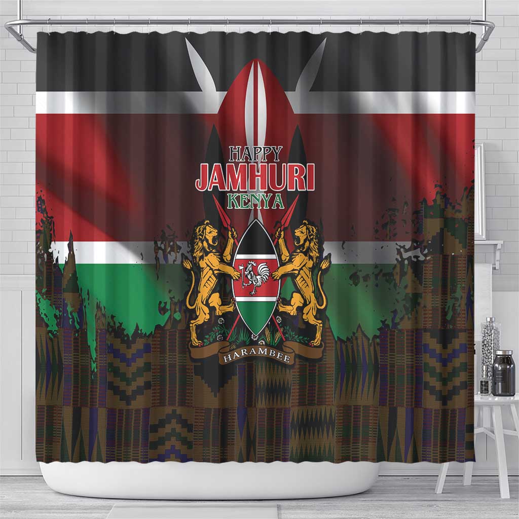 Happy Kenya Independence Day Shower Curtain Coat Of Arms With Kente Pattern - Wonder Print Shop