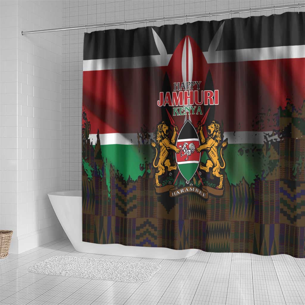 Happy Kenya Independence Day Shower Curtain Coat Of Arms With Kente Pattern - Wonder Print Shop