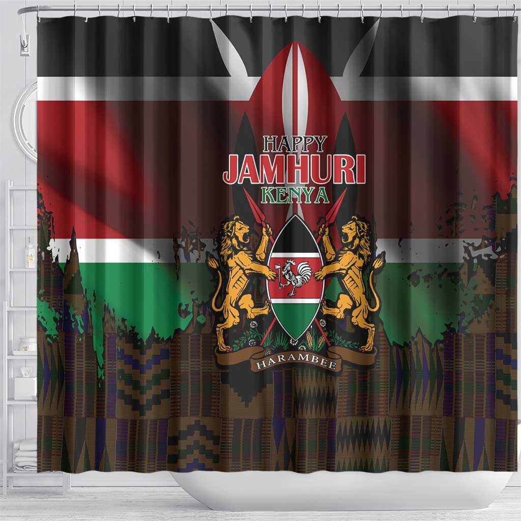 Happy Kenya Independence Day Shower Curtain Coat Of Arms With Kente Pattern - Wonder Print Shop