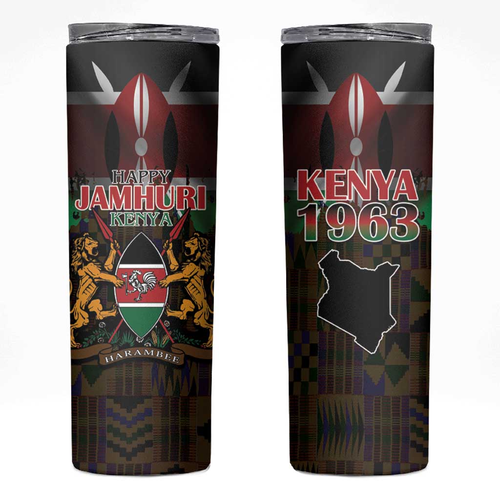 Happy Kenya Independence Day Skinny Tumbler Coat Of Arms With Kente Pattern - Wonder Print Shop