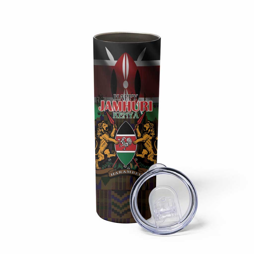 Happy Kenya Independence Day Skinny Tumbler Coat Of Arms With Kente Pattern - Wonder Print Shop