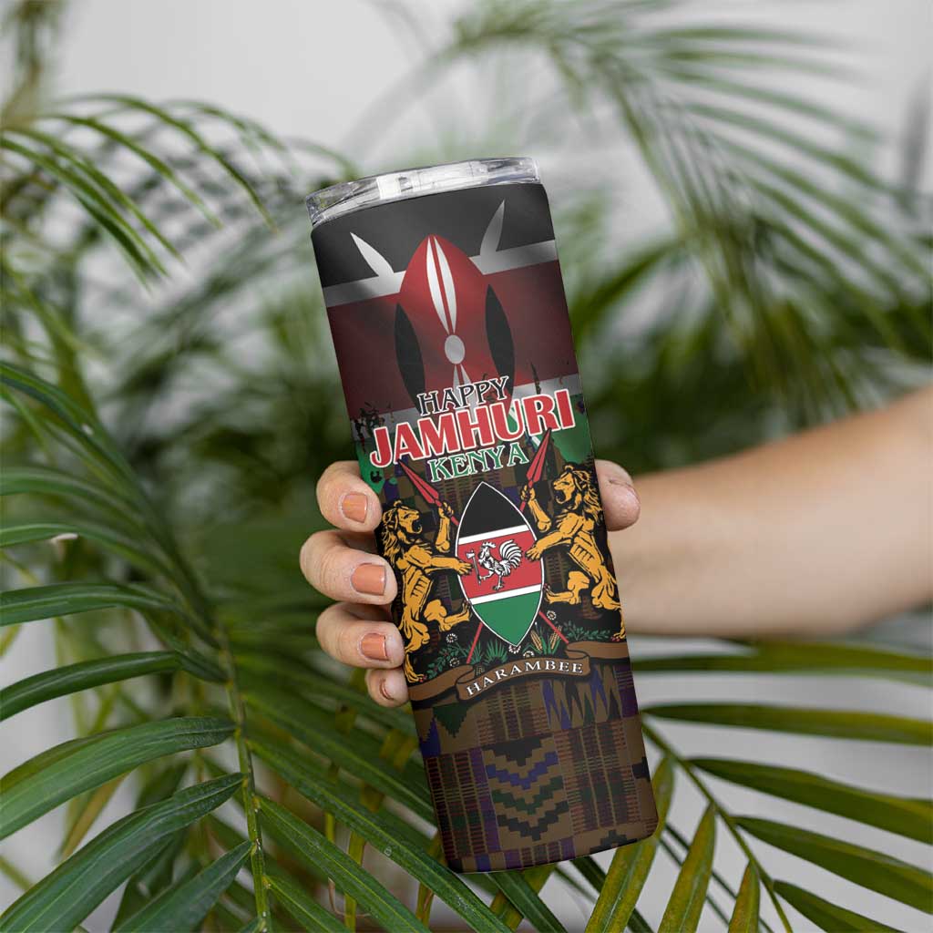Happy Kenya Independence Day Skinny Tumbler Coat Of Arms With Kente Pattern - Wonder Print Shop