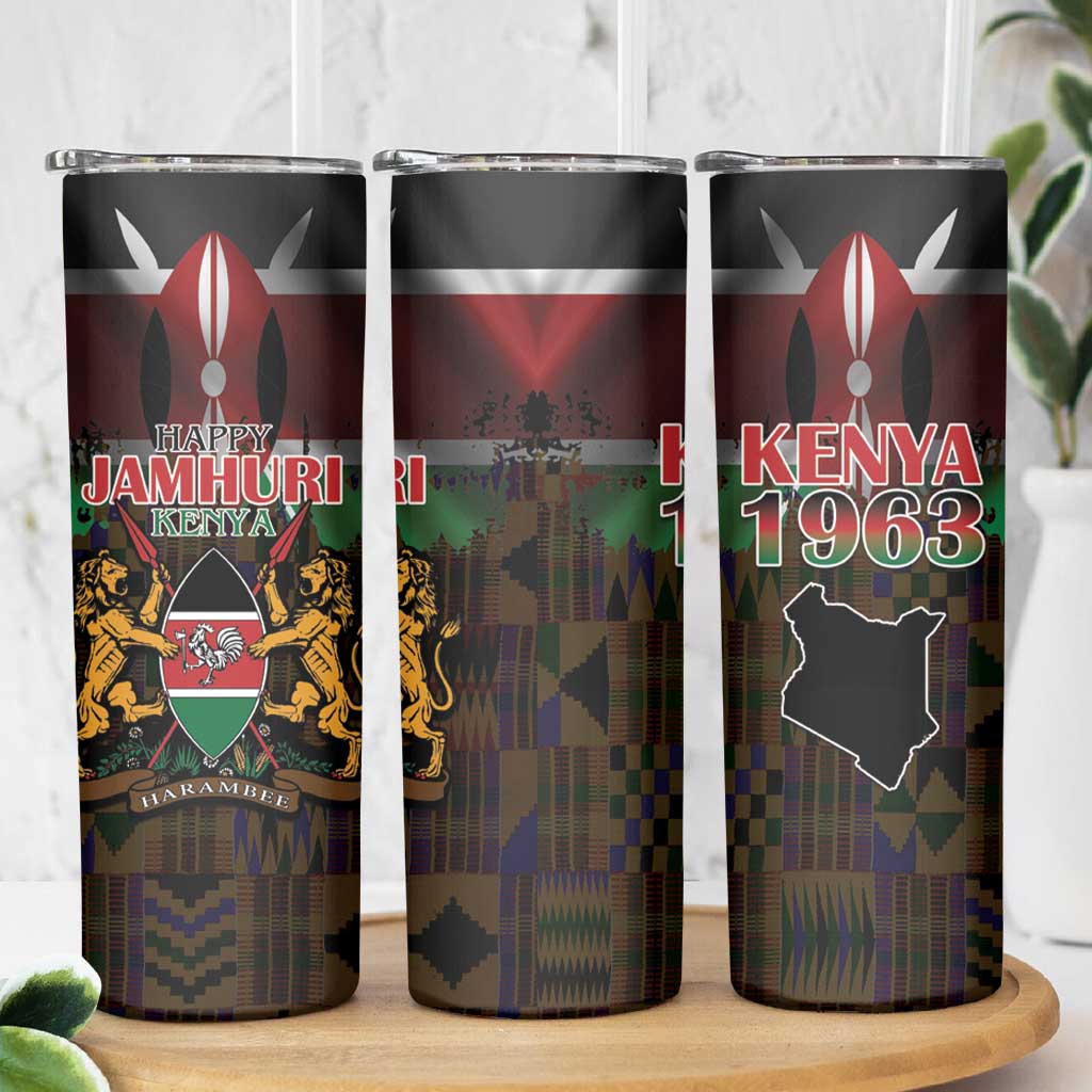 Happy Kenya Independence Day Skinny Tumbler Coat Of Arms With Kente Pattern - Wonder Print Shop