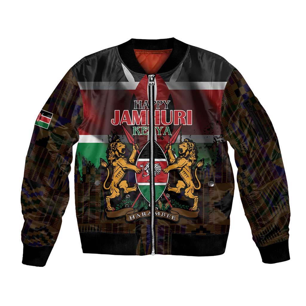 Happy Kenya Independence Day Sleeve Zip Bomber Jacket Coat Of Arms With Kente Pattern - Wonder Print Shop