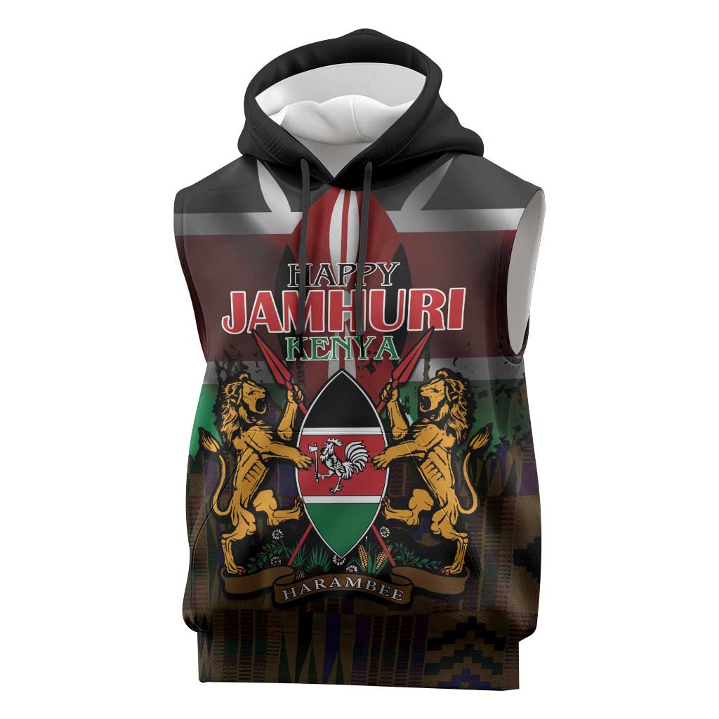 Happy Kenya Independence Day Sleeveless Hoodie Coat Of Arms With Kente Pattern - Wonder Print Shop
