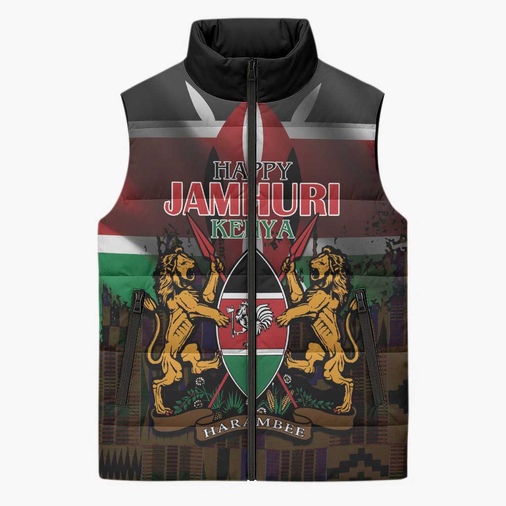 Happy Kenya Independence Day Sleeveless Puffer Jacket Coat Of Arms With Kente Pattern - Wonder Print Shop