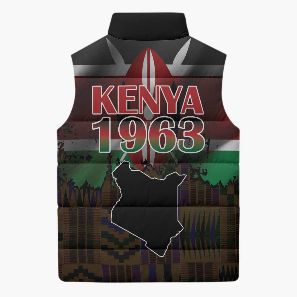 Happy Kenya Independence Day Sleeveless Puffer Jacket Coat Of Arms With Kente Pattern - Wonder Print Shop