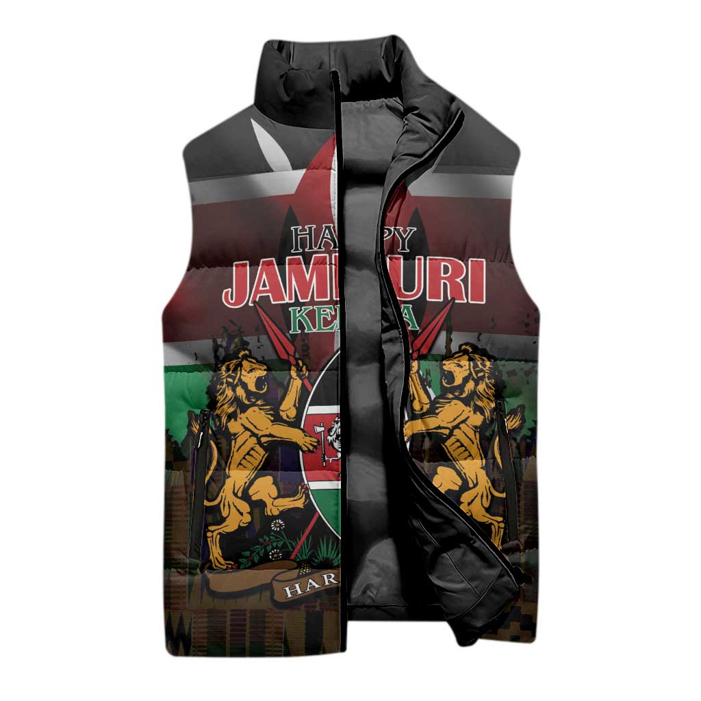 Happy Kenya Independence Day Sleeveless Puffer Jacket Coat Of Arms With Kente Pattern - Wonder Print Shop