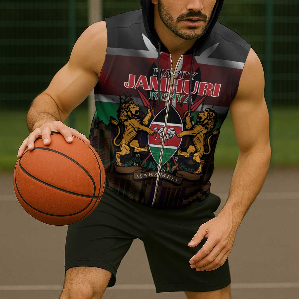 Happy Kenya Independence Day Sleeveless Zip Hoodie Coat Of Arms With Kente Pattern - Wonder Print Shop