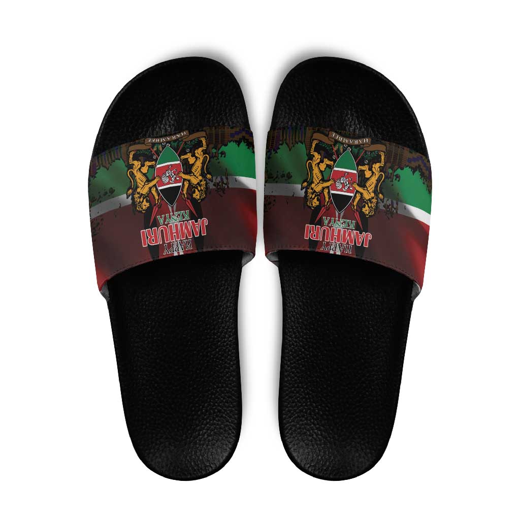 Happy Kenya Independence Day Slide Sandals Coat Of Arms With Kente Pattern - Wonder Print Shop