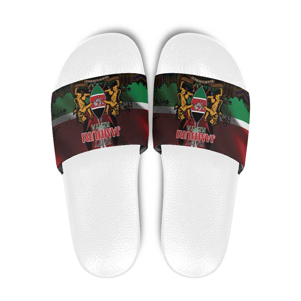 Happy Kenya Independence Day Slide Sandals Coat Of Arms With Kente Pattern - Wonder Print Shop