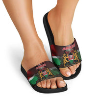 Happy Kenya Independence Day Slide Sandals Coat Of Arms With Kente Pattern - Wonder Print Shop