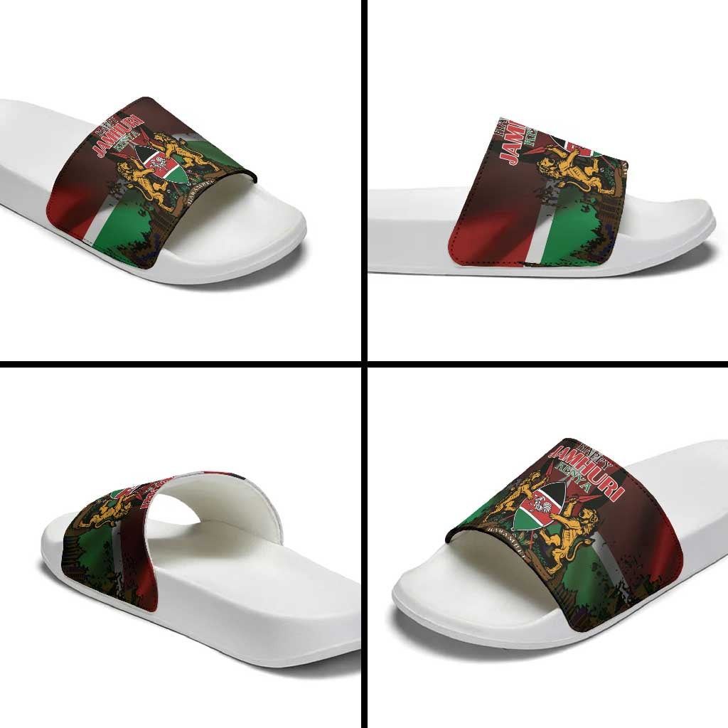 Happy Kenya Independence Day Slide Sandals Coat Of Arms With Kente Pattern - Wonder Print Shop
