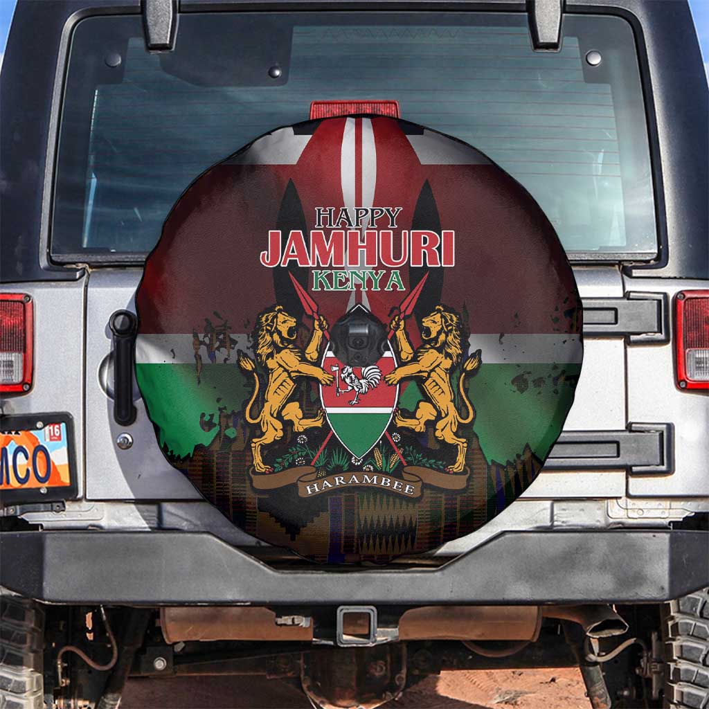 Happy Kenya Independence Day Spare Tire Cover Coat Of Arms With Kente Pattern - Wonder Print Shop