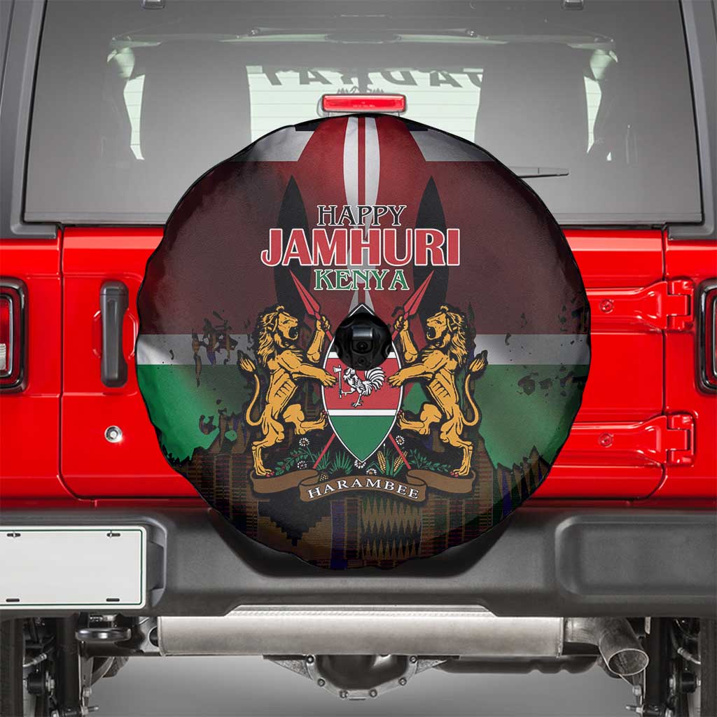 Happy Kenya Independence Day Spare Tire Cover Coat Of Arms With Kente Pattern - Wonder Print Shop