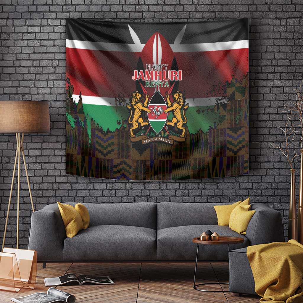 Happy Kenya Independence Day Tapestry Coat Of Arms With Kente Pattern - Wonder Print Shop