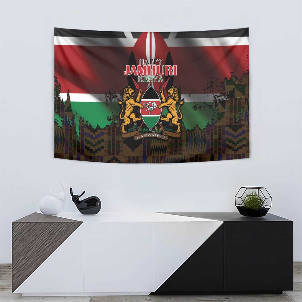 Happy Kenya Independence Day Tapestry Coat Of Arms With Kente Pattern - Wonder Print Shop