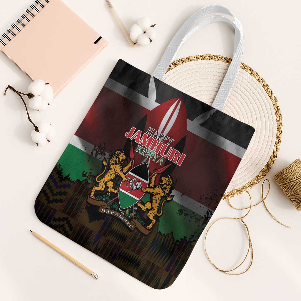 Happy Kenya Independence Day Tote Bag Coat Of Arms With Kente Pattern - Wonder Print Shop