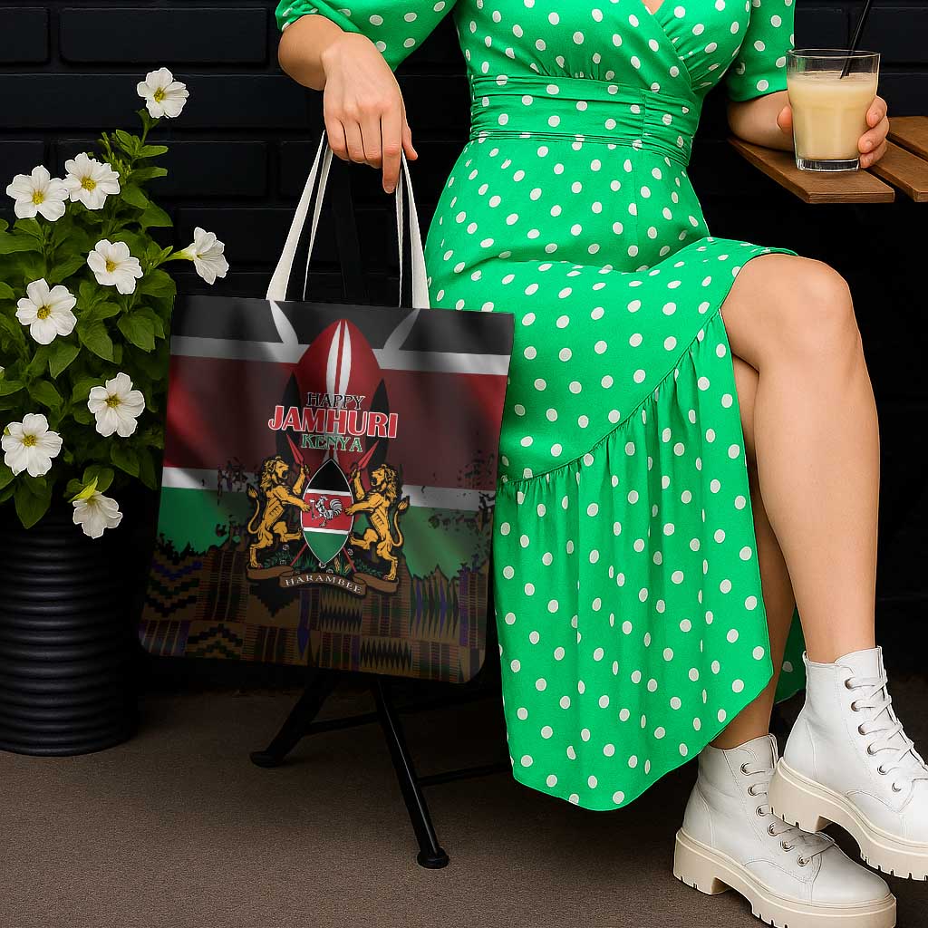 Happy Kenya Independence Day Tote Bag Coat Of Arms With Kente Pattern - Wonder Print Shop