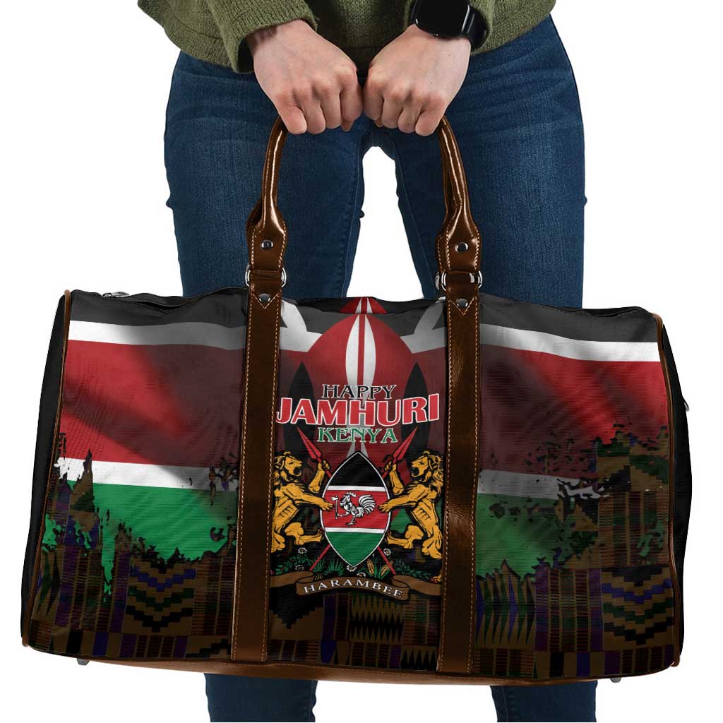 Happy Kenya Independence Day Travel Bag Coat Of Arms With Kente Pattern - Wonder Print Shop