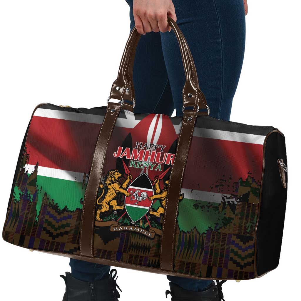 Happy Kenya Independence Day Travel Bag Coat Of Arms With Kente Pattern - Wonder Print Shop