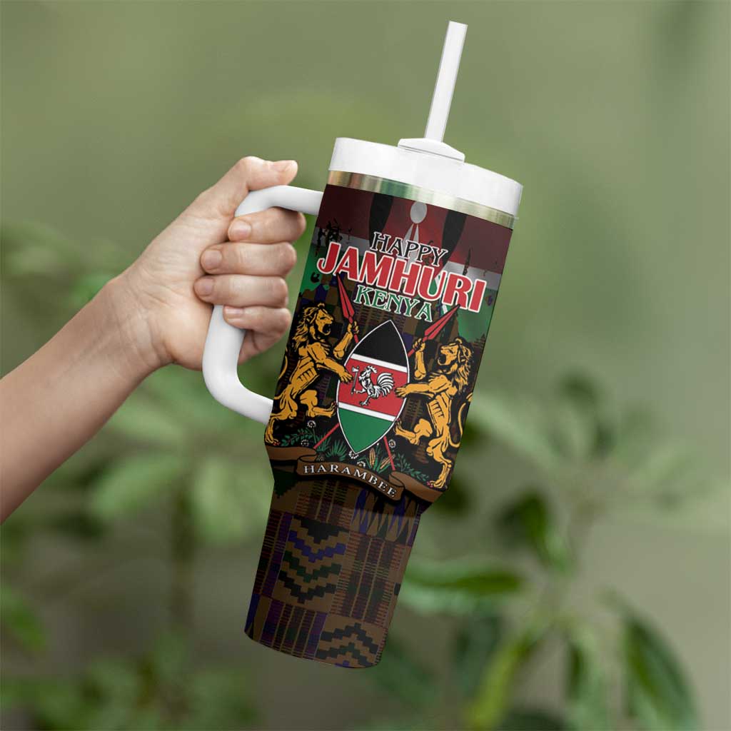 Happy Kenya Independence Day Tumbler With Handle Coat Of Arms With Kente Pattern - Wonder Print Shop