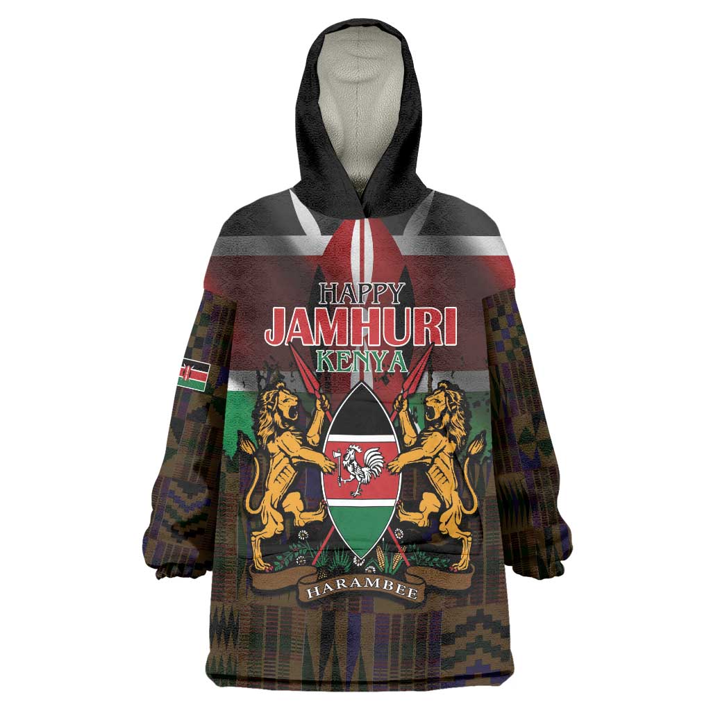 Happy Kenya Independence Day Wearable Blanket Hoodie Coat Of Arms With Kente Pattern - Wonder Print Shop