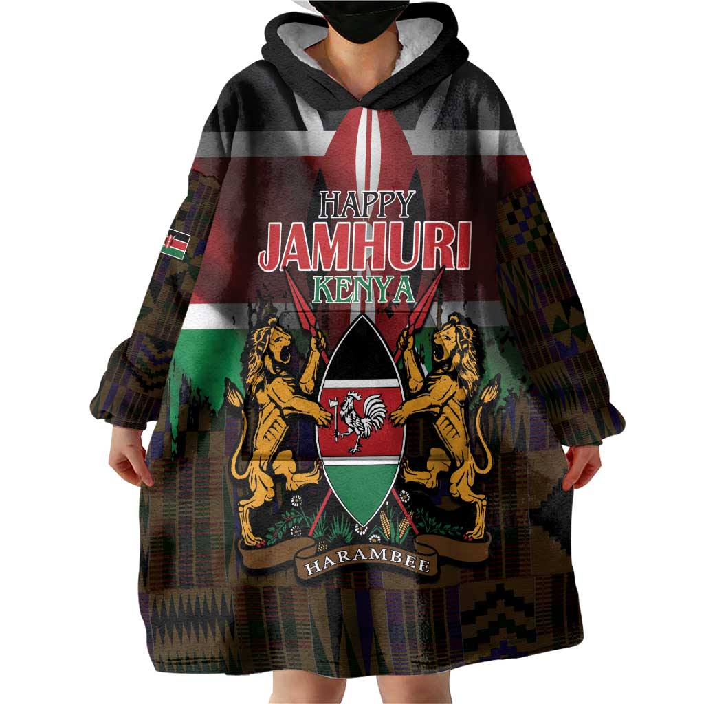 Happy Kenya Independence Day Wearable Blanket Hoodie Coat Of Arms With Kente Pattern - Wonder Print Shop