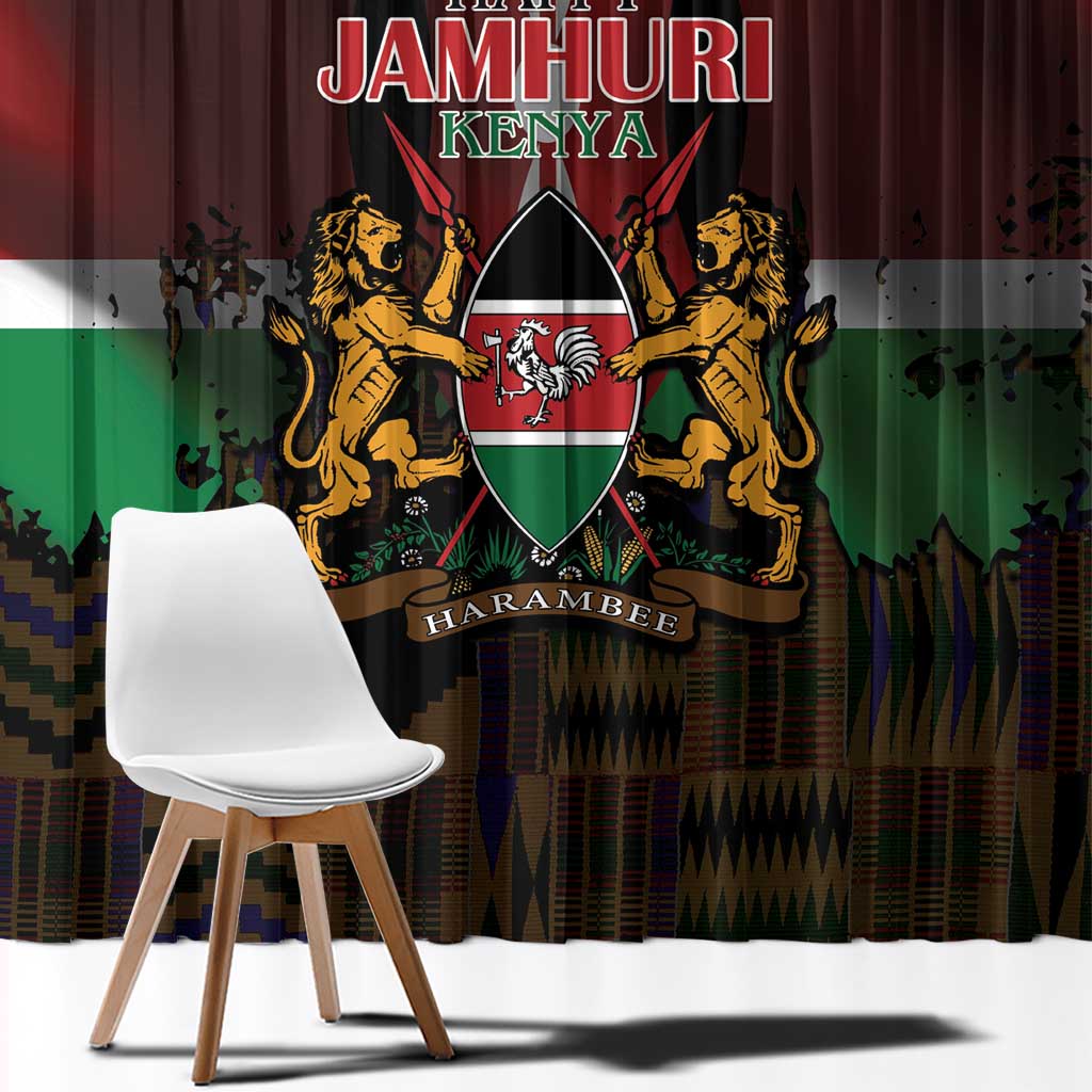 Happy Kenya Independence Day Window Curtain Coat Of Arms With Kente Pattern - Wonder Print Shop