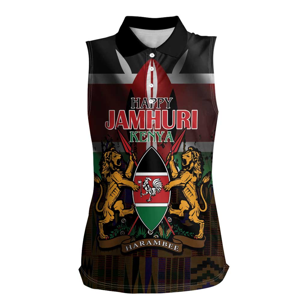 Happy Kenya Independence Day Women Sleeveless Polo Shirt Coat Of Arms With Kente Pattern - Wonder Print Shop