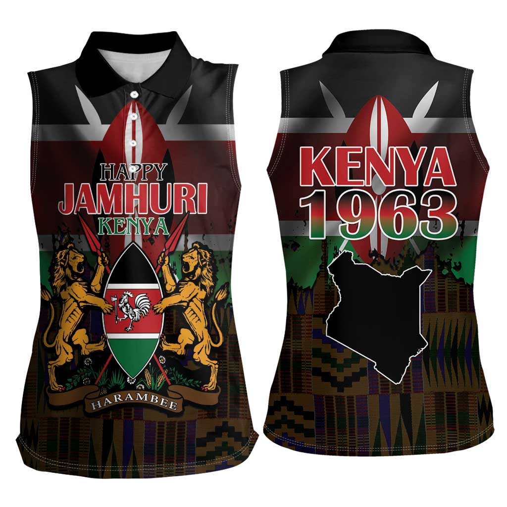 Happy Kenya Independence Day Women Sleeveless Polo Shirt Coat Of Arms With Kente Pattern - Wonder Print Shop