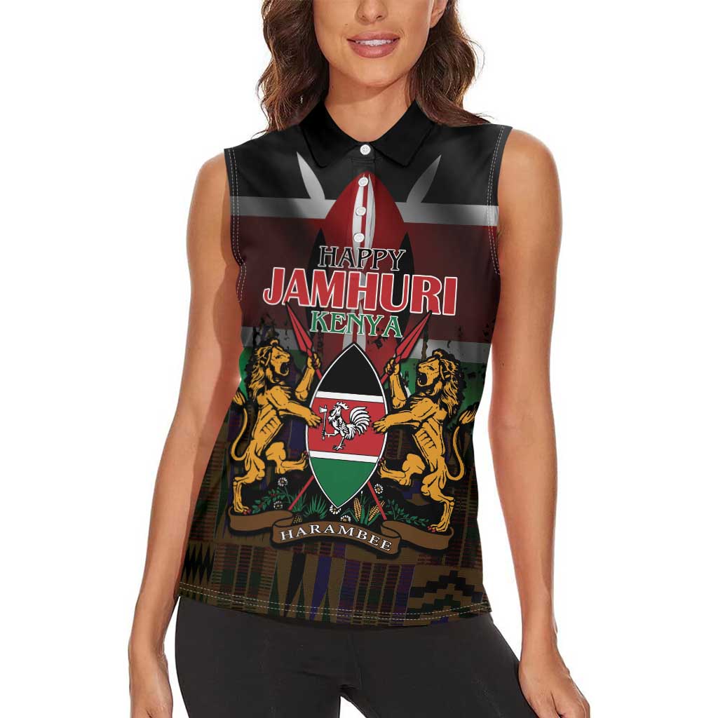 Happy Kenya Independence Day Women Sleeveless Polo Shirt Coat Of Arms With Kente Pattern - Wonder Print Shop