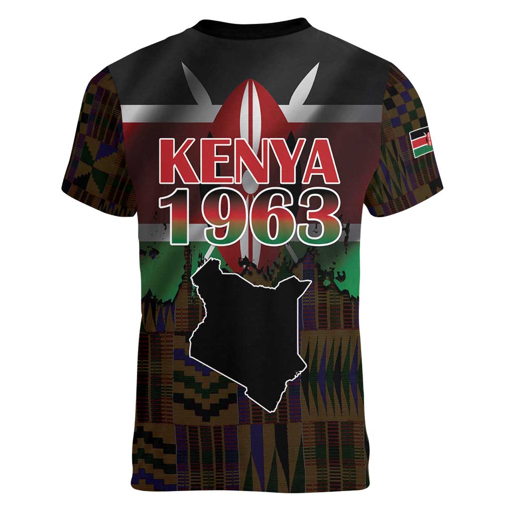 Happy Kenya Independence Day Women V-Neck T-Shirt Coat Of Arms With Kente Pattern - Wonder Print Shop