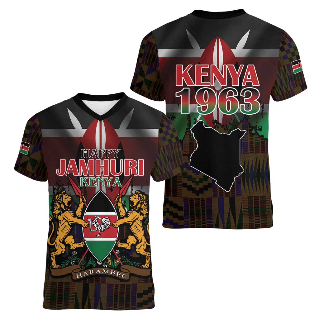 Happy Kenya Independence Day Women V-Neck T-Shirt Coat Of Arms With Kente Pattern - Wonder Print Shop
