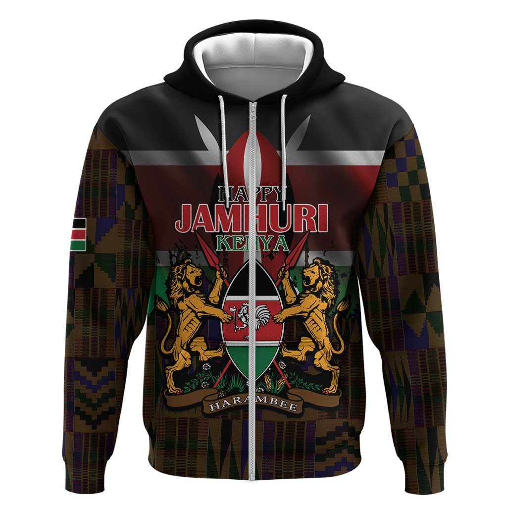 Happy Kenya Independence Day Zip Hoodie Coat Of Arms With Kente Pattern - Wonder Print Shop