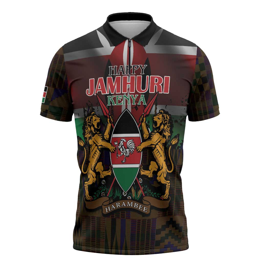 Happy Kenya Independence Day Zipper Polo Shirt Coat Of Arms With Kente Pattern - Wonder Print Shop