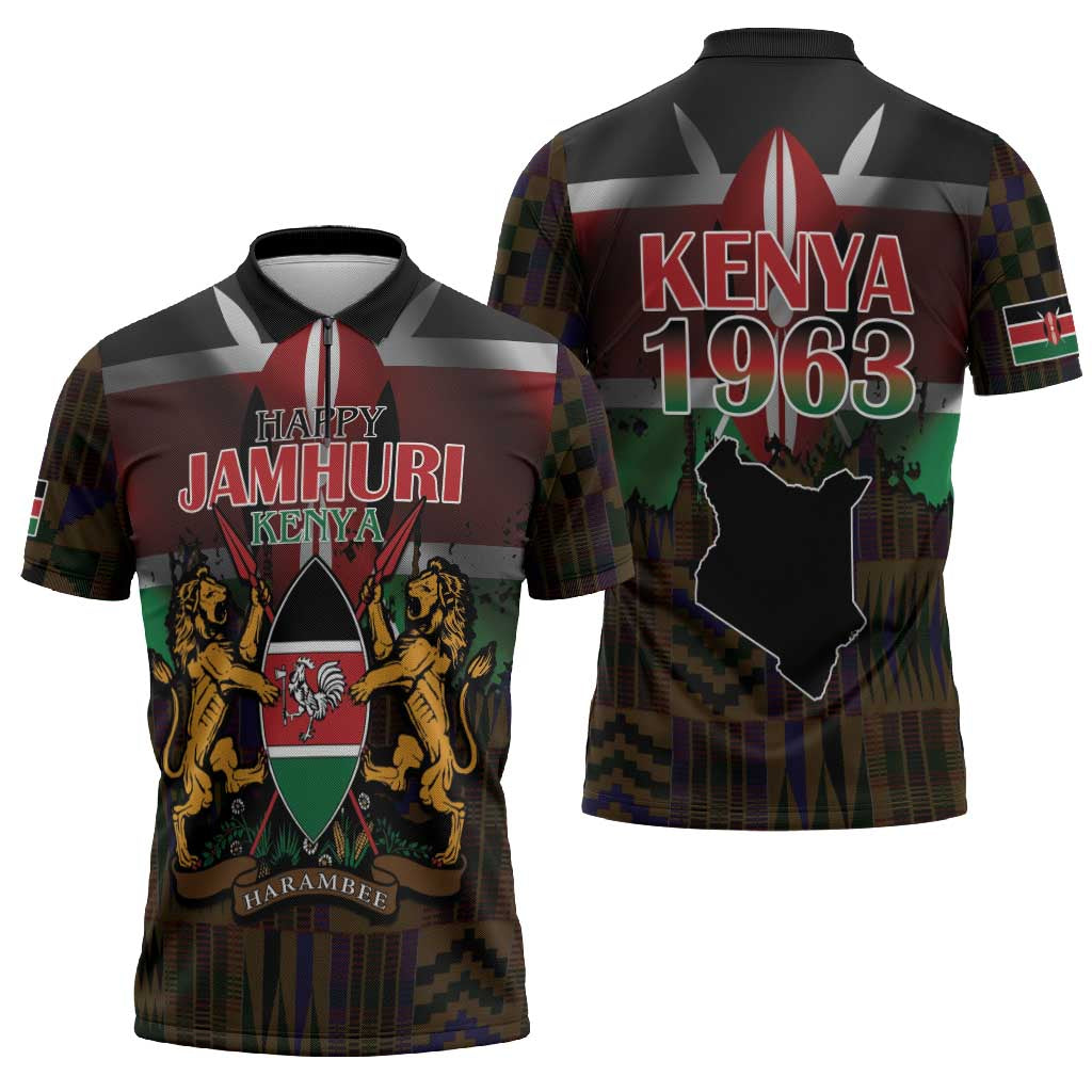 Happy Kenya Independence Day Zipper Polo Shirt Coat Of Arms With Kente Pattern - Wonder Print Shop