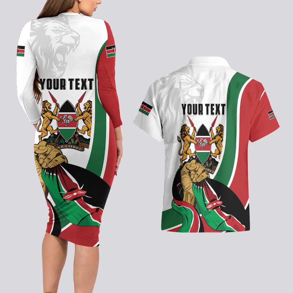Personalized Kenya Jamhuri Day Couples Matching Long Sleeve Bodycon Dress and Hawaiian Shirt Lion With Coat Of Arms - Wonder Print Shop