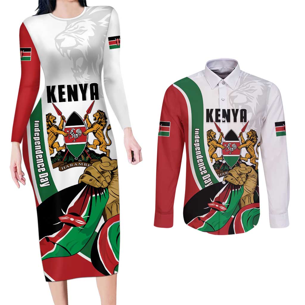 Personalized Kenya Jamhuri Day Couples Matching Long Sleeve Bodycon Dress and Long Sleeve Button Shirt Lion With Coat Of Arms - Wonder Print Shop