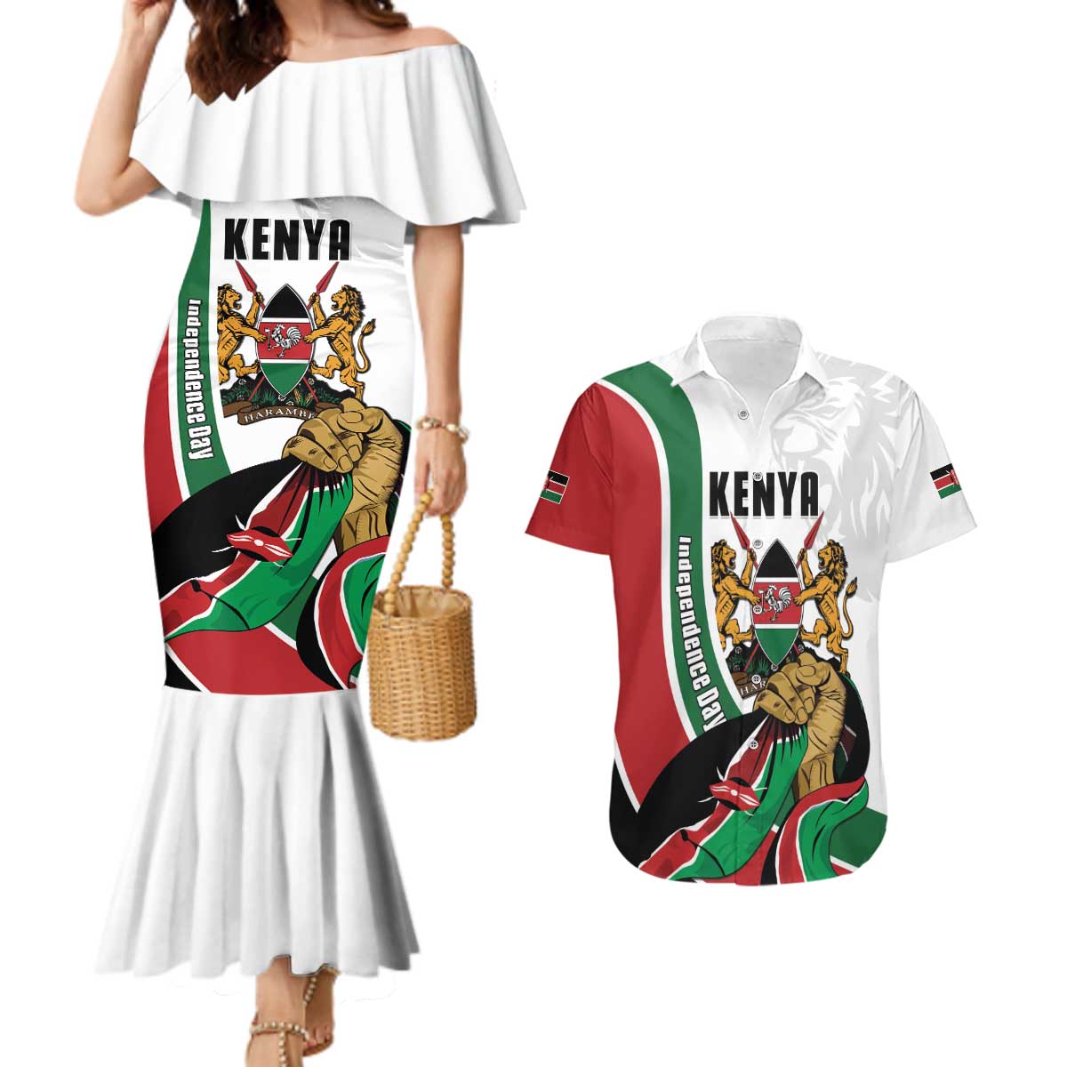 Personalized Kenya Jamhuri Day Couples Matching Mermaid Dress and Hawaiian Shirt Lion With Coat Of Arms - Wonder Print Shop